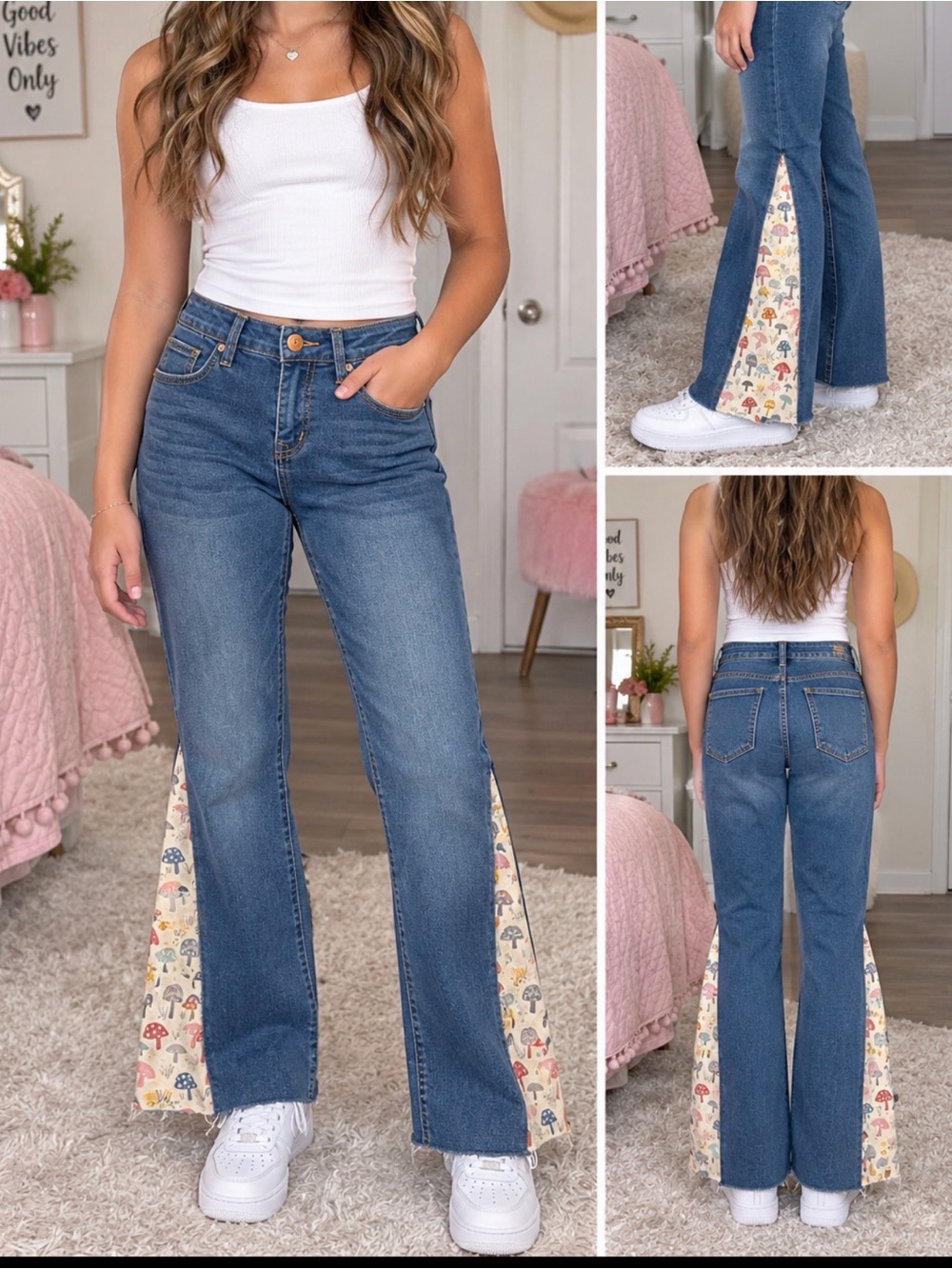 Custom Upcycled Mushroom Flare Jeans Girls Sz 12 Studio Y Vigoss Reworked Cottag